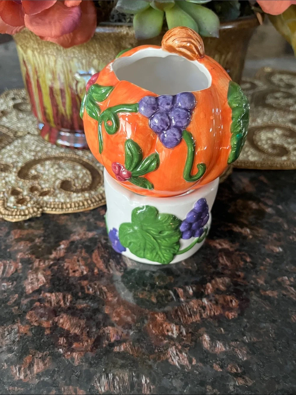 Hand-Painted Orange Pumpkin Ceramic Votive with Purple Grape Accent